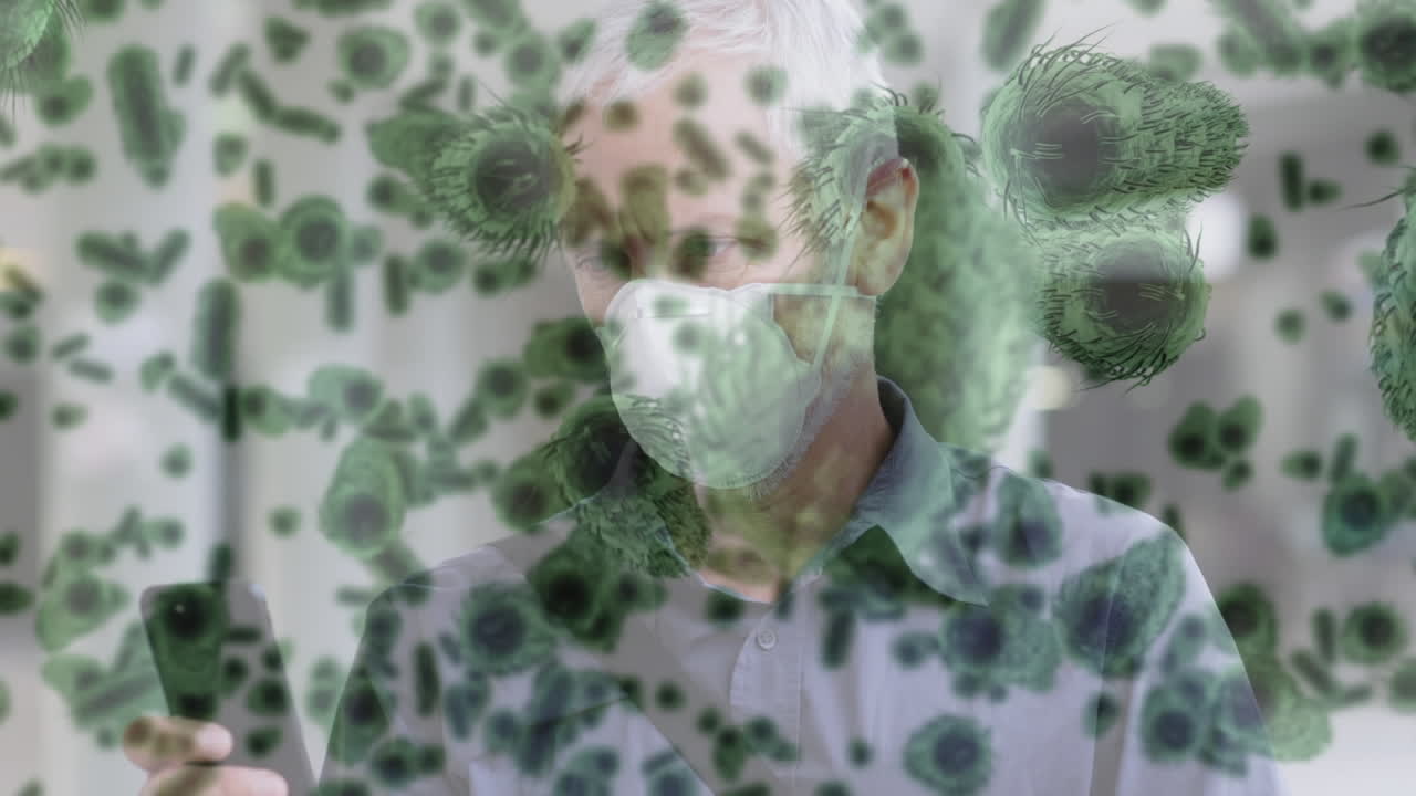 Animation de cellules de la COVID-19 se déplaçant au-dessus d'un homme masqué.