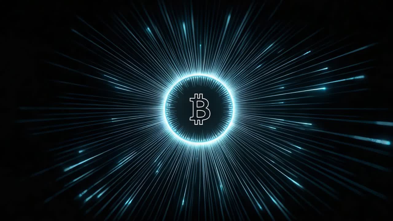 A Stunning Visualization of the Bitcoin Logo Illuminated by Radiating Light Effects, Symbolizing the Digital Currency Revolution and Technological Advancements