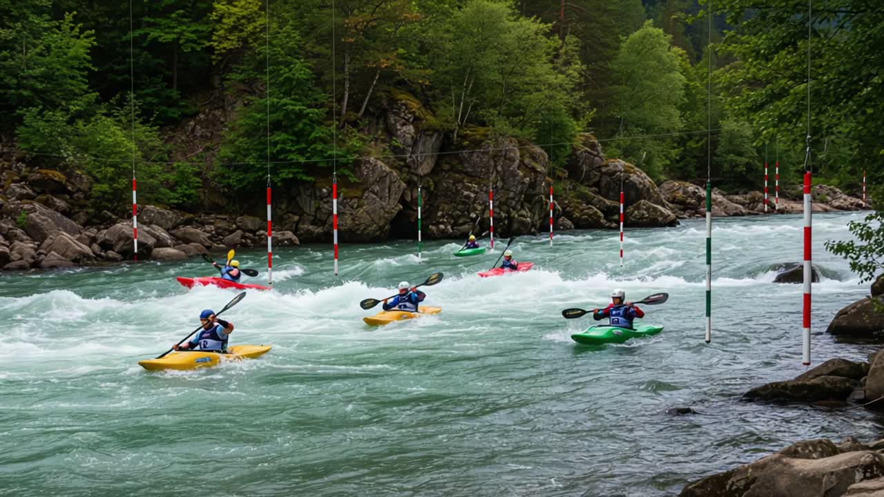 Gara dinamica di kayak attraverso un impegnativo percorso di acque bianche con più concorrenti che navigano tra pali verticali, immersi in una vegetazione lussureggiante e un terreno roccioso.