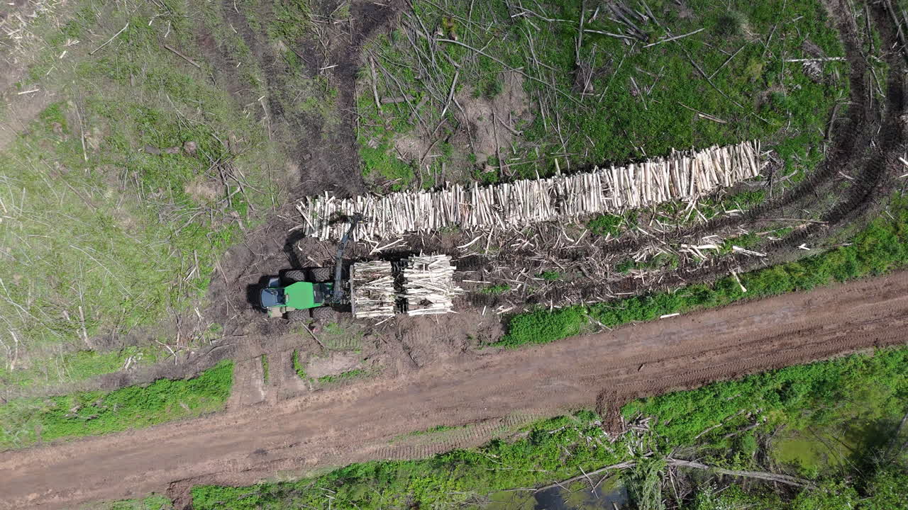 Harvester at work in a field, cutting through crops in an agricultural setting, drone top down pan