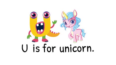 colorful animation introducing the letter u with a playful monster and unicorn on a white background