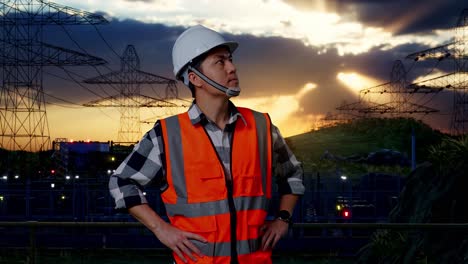 asian male engineer wearing safety helmet looking around while standing with arms akimbo near high voltage tower