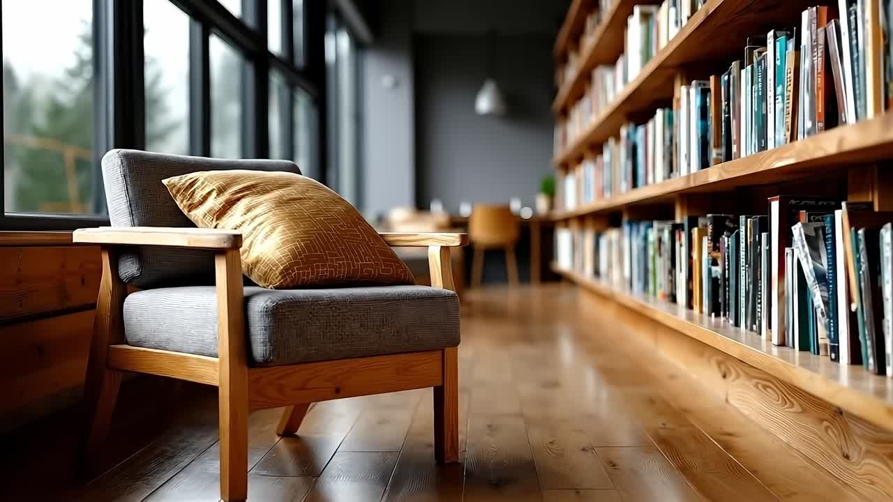 A chair sitting in front of a book shelf filled with books