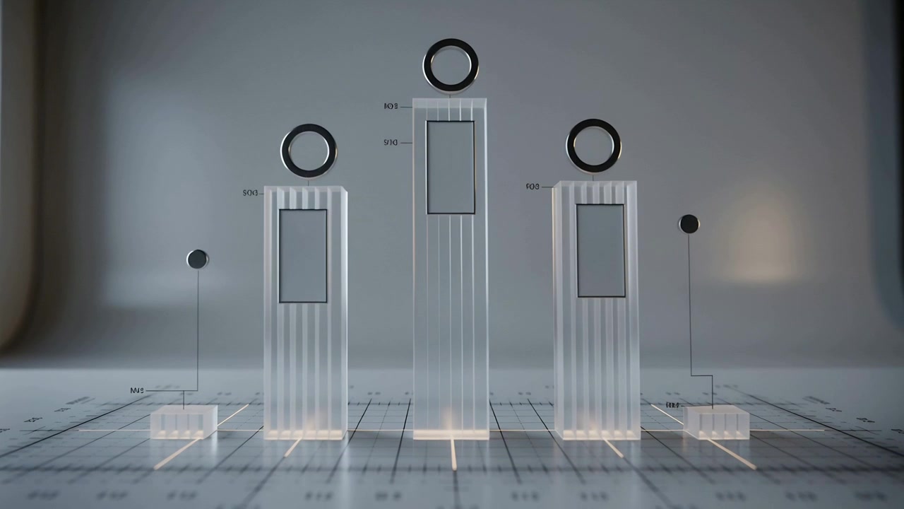 Visualizzazione astratta di un grafico a barre 3D con elementi in vetro