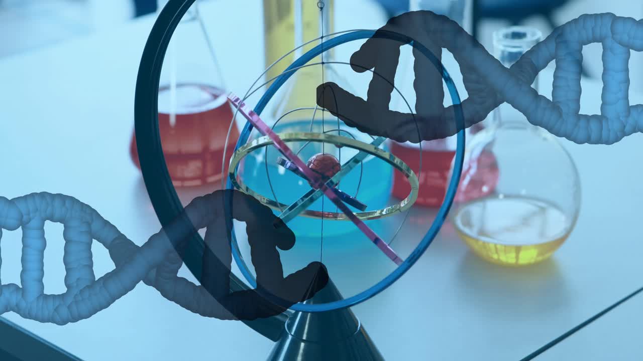 실험실 장비의 근접에 대해 회전하는 두 개의 dna 구조