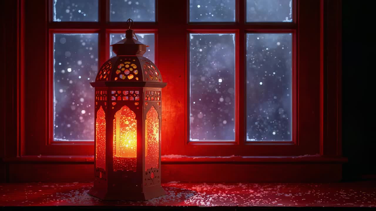 Flickering perforated metal lantern being lit on painted sill by six-pane window, snow continuing