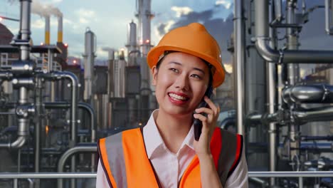 close up of asian female engineer with safety helmet talking on smartphone while standing in a refinery, oil processing equipment and machinery
