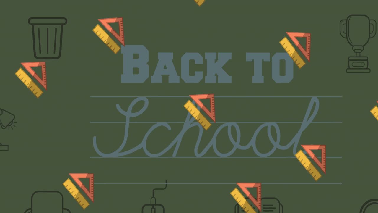 초록색 배경에서 반복되는 롤러와 정사각형으로 학교로 돌아가는 텍스트의 애니메이션