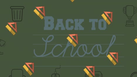 Animation-of-text-back-to-school-with-repeated-ruler-and-set-square-moving-on-green-background