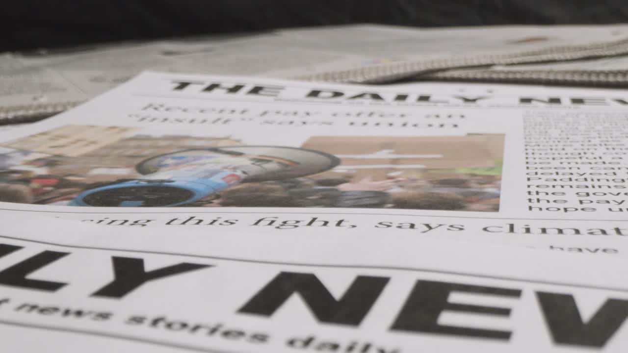 극한 기상 조건과 산업 파업 조치를 논의하는 신문 헤드라인