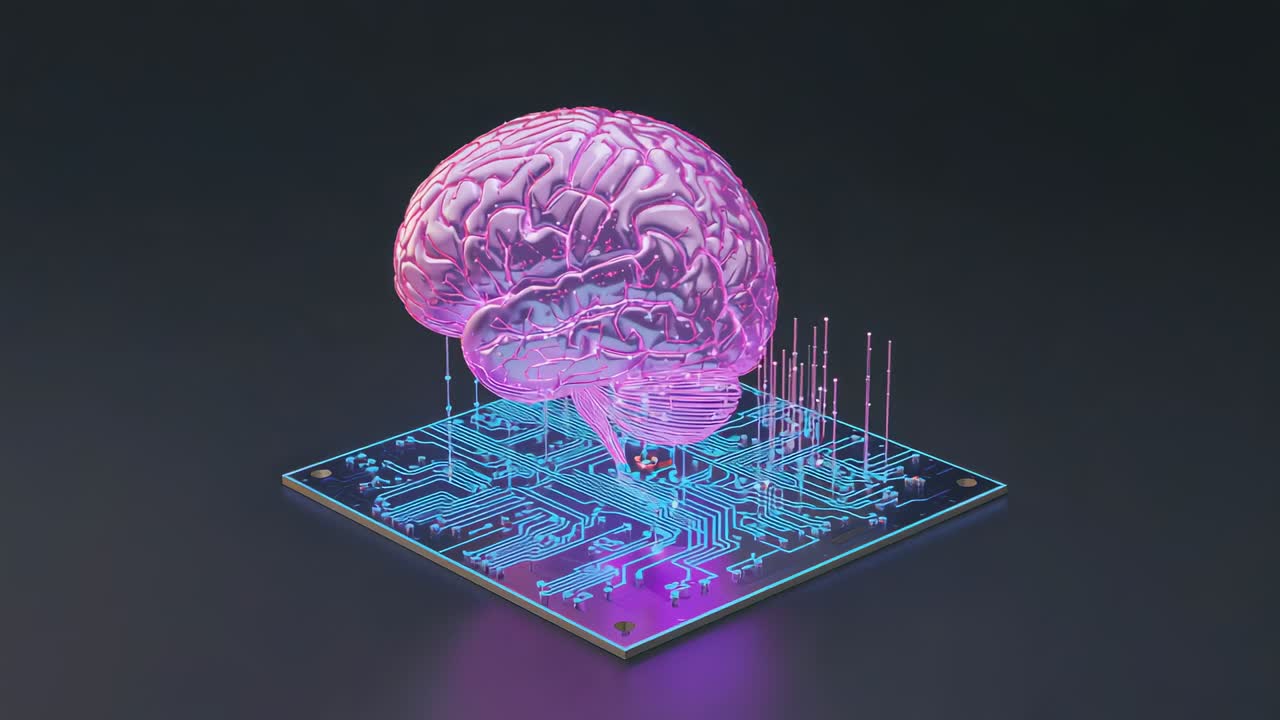 Sparking pins causing pink brain rotating, descending, aligning over PCB in studio pulsing lights