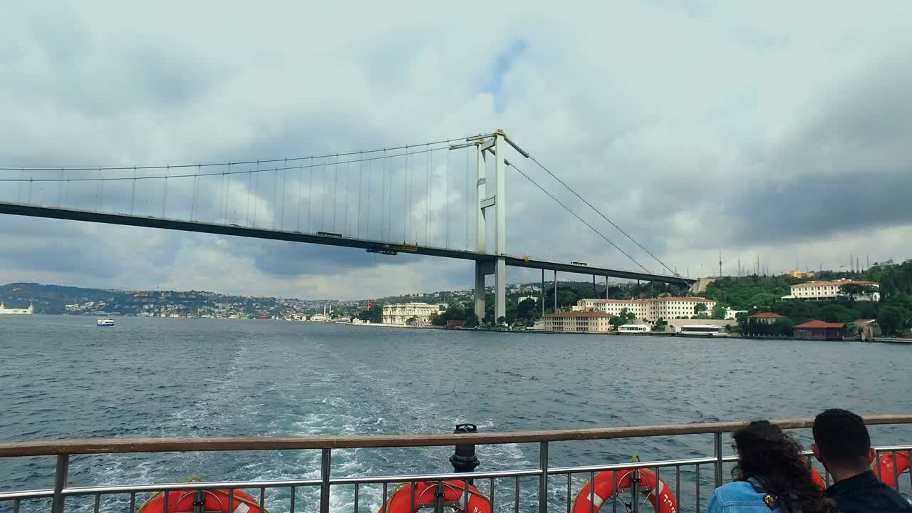 Tourist boat tour under Bosporus Bridge in Istanbul