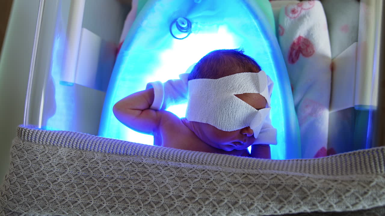 Three-day-old newborn baby in eye cover and mittens lies in medical incubator. Phototherapy procedure for a child with jaundice. Top view.