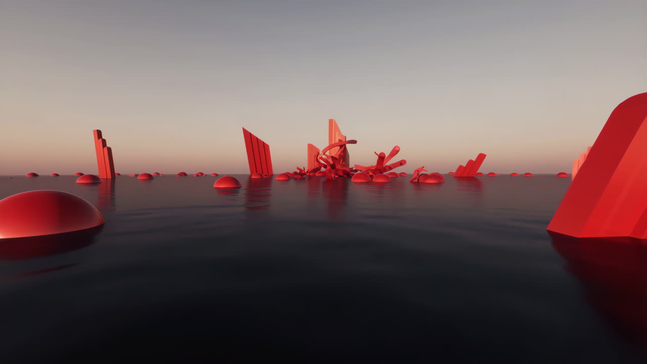 Abstract Red Geometric Shapes Emerge from Water in a Surreal Landscape