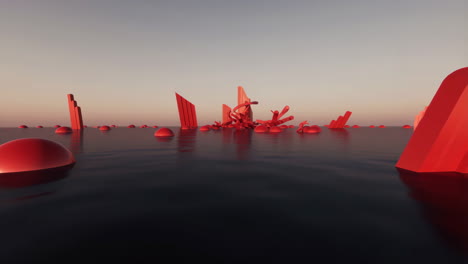 abstract red geometric shapes emerge from water in a surreal landscape