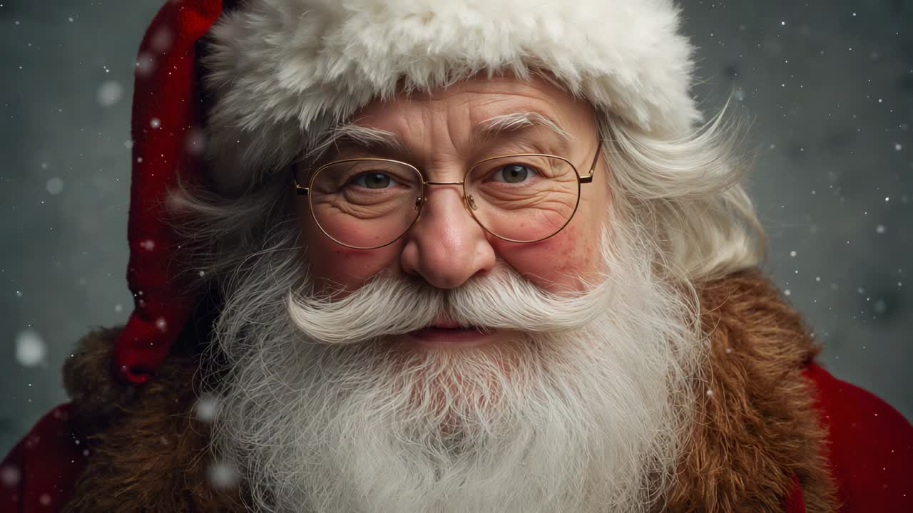 Reacting to drifting snowflakes, man as Santa smiling and blinking, studio with red hat and glasses