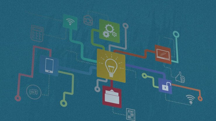 Animation of network of connections with icons on blue background