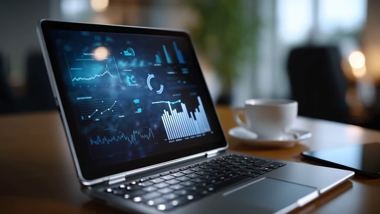 Analyzing Data Visualizations on a Laptop with Coffee and Technology on a Desk in a Modern Office Environment