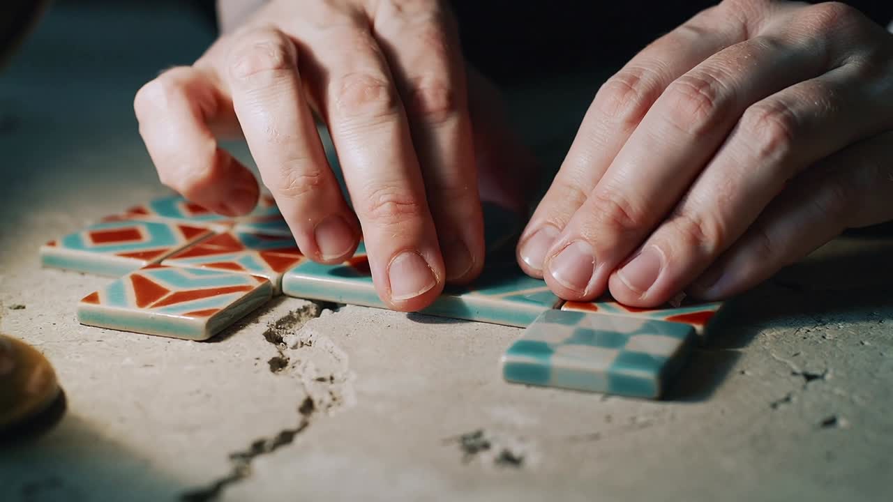 Reaching adult hands placing teal white red tiles on cracked tabletop, aligning mosaic with spacer