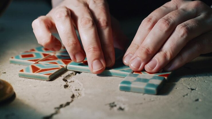 Reaching adult hands placing teal white red tiles on cracked tabletop, aligning mosaic with spacer