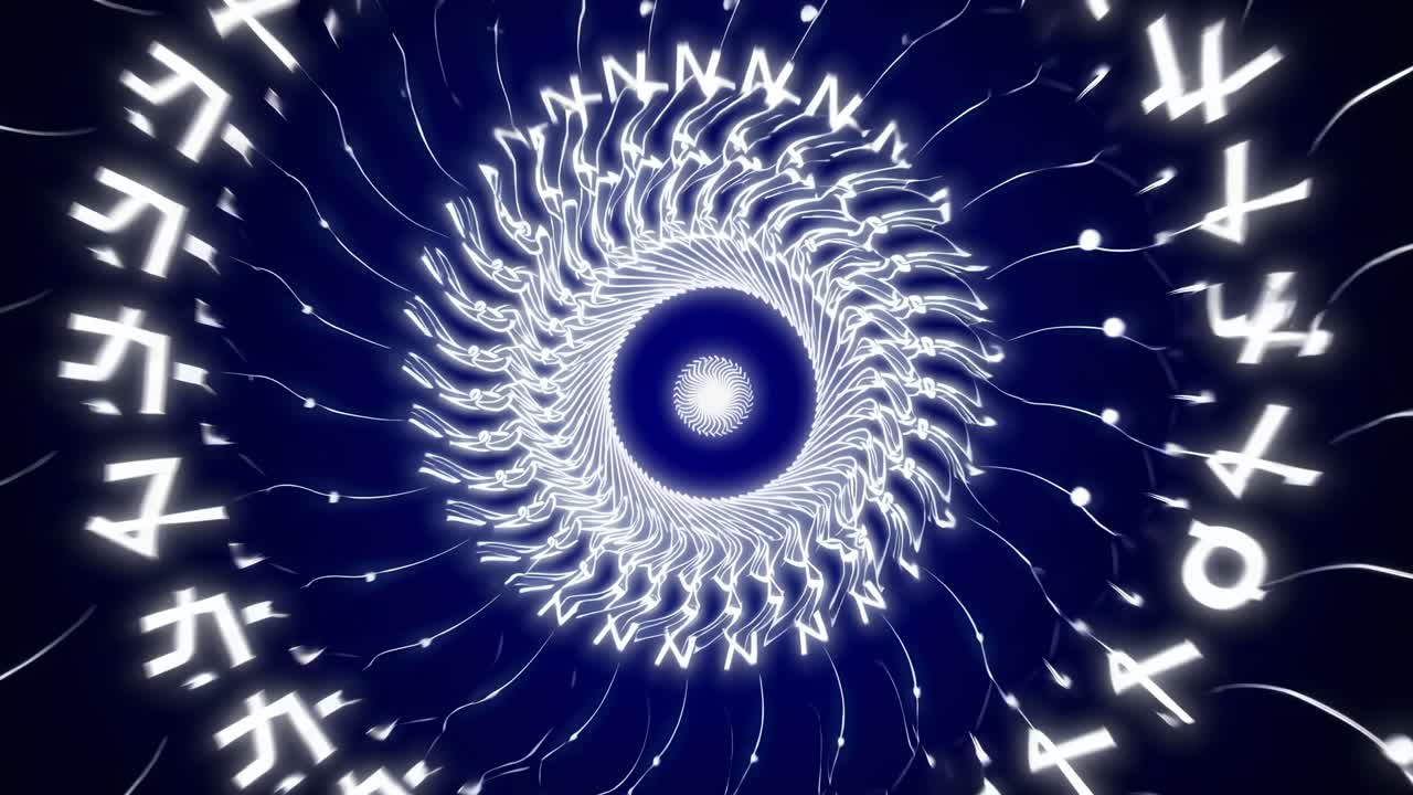 Glowing Fibonacci spiral rotating random numbers and letters, revealing intricate mathematical patterns against dark blue background with mesmerizing luminescent motion