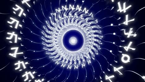 glowing fibonacci spiral rotating random numbers and letters, revealing intricate mathematical patterns against dark blue background with mesmerizing luminescent motion