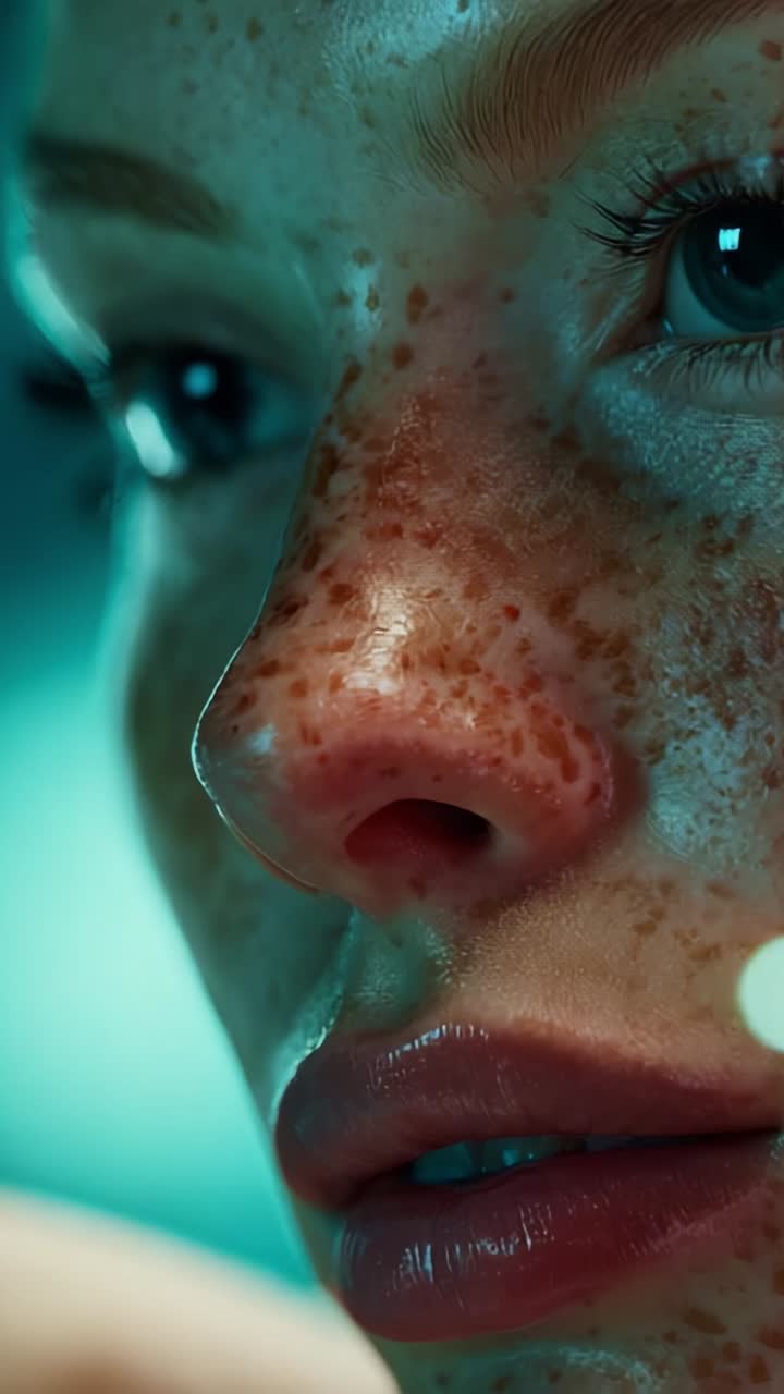 Accattivante primo piano di un volto lentigginoso con sguardo intenso e pelle luminosa in un'atmosfera delicatamente illuminata, che mette in risalto la bellezza naturale e le caratteristiche uniche
