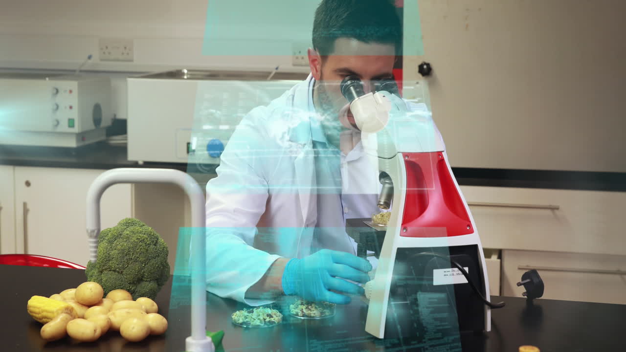 animación de múltiples interfaces médicas, científico caucásico comprobando la muestra a través del microscopio