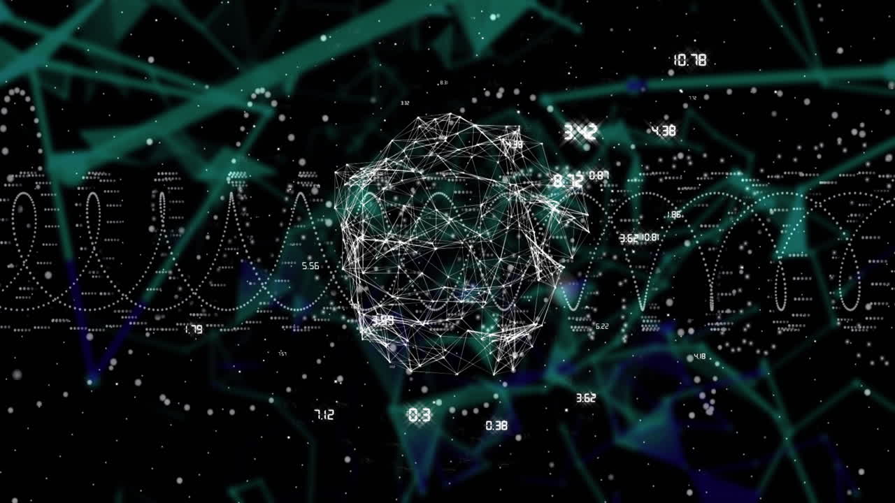 Animation of digital network sphere with data points on abstract background