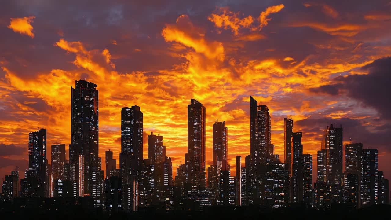 Transformação Deslumbrante do Horizonte: Uma Cena Noturna Cativante de Arranha-Céus Imponentes Silhuetados Contra um Céu Dramático de Pôr do Sol Cheio de Tons Vibrantes de Laranja e Roxo