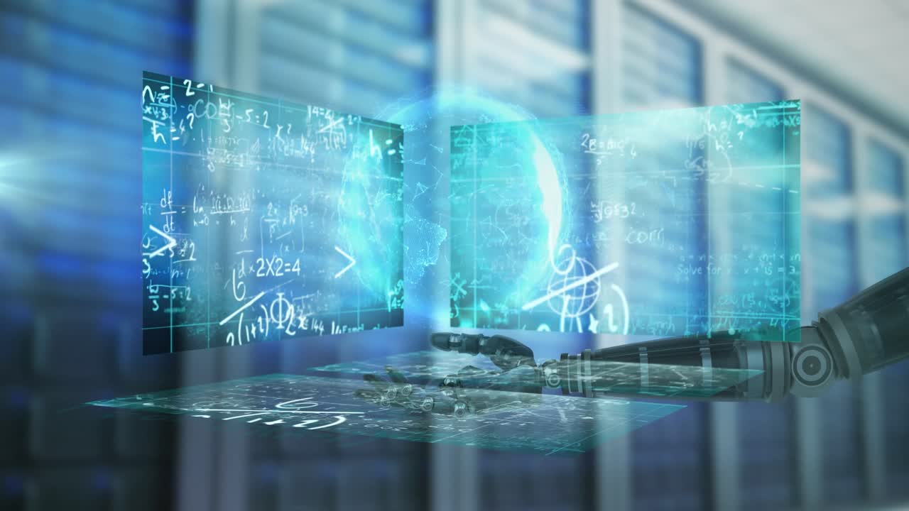 로 ⁇  손과 컴퓨터 서버 방에 대한 수학적 방정식이 있는 화면 위의 지구