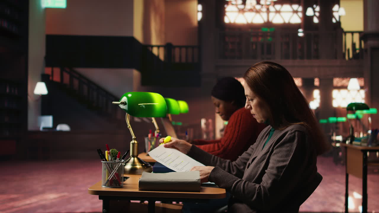 mujer estudiando en una biblioteca
