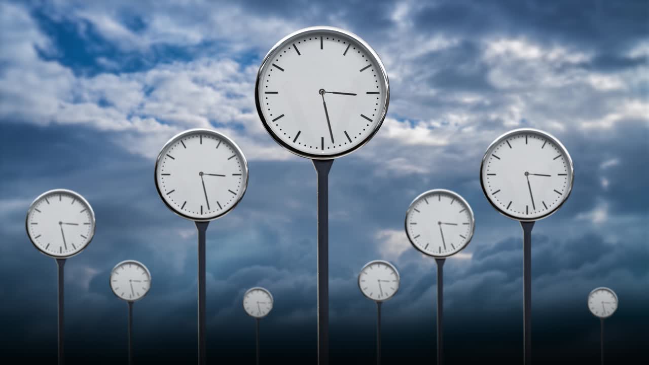Clocks with rotating arrows against sky with heavy clouds