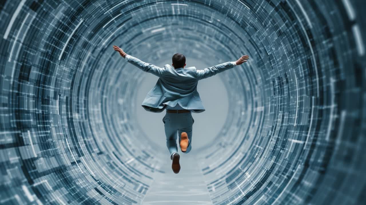 A man in a suit soars through a futuristic, digital tunnel, showcasing a blend of technology and ambition as he embraces the journey ahead