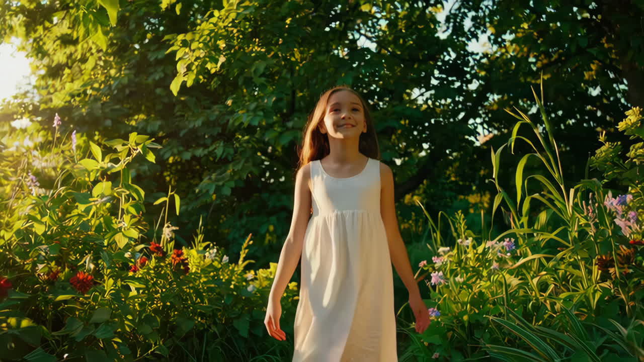 A young girl in a white dress walks through a beautiful, sunlit garden