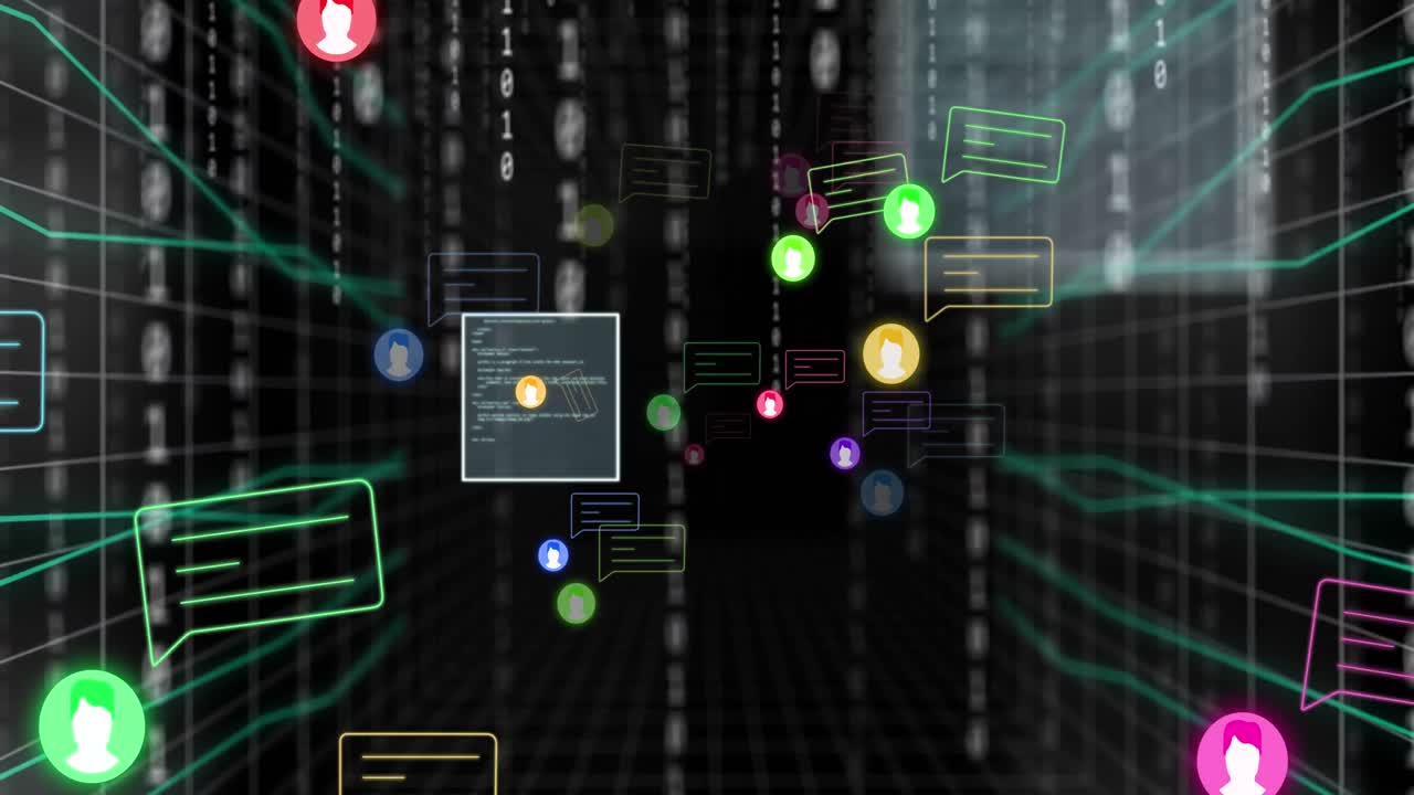 Animation of data processing and binary coding over icons