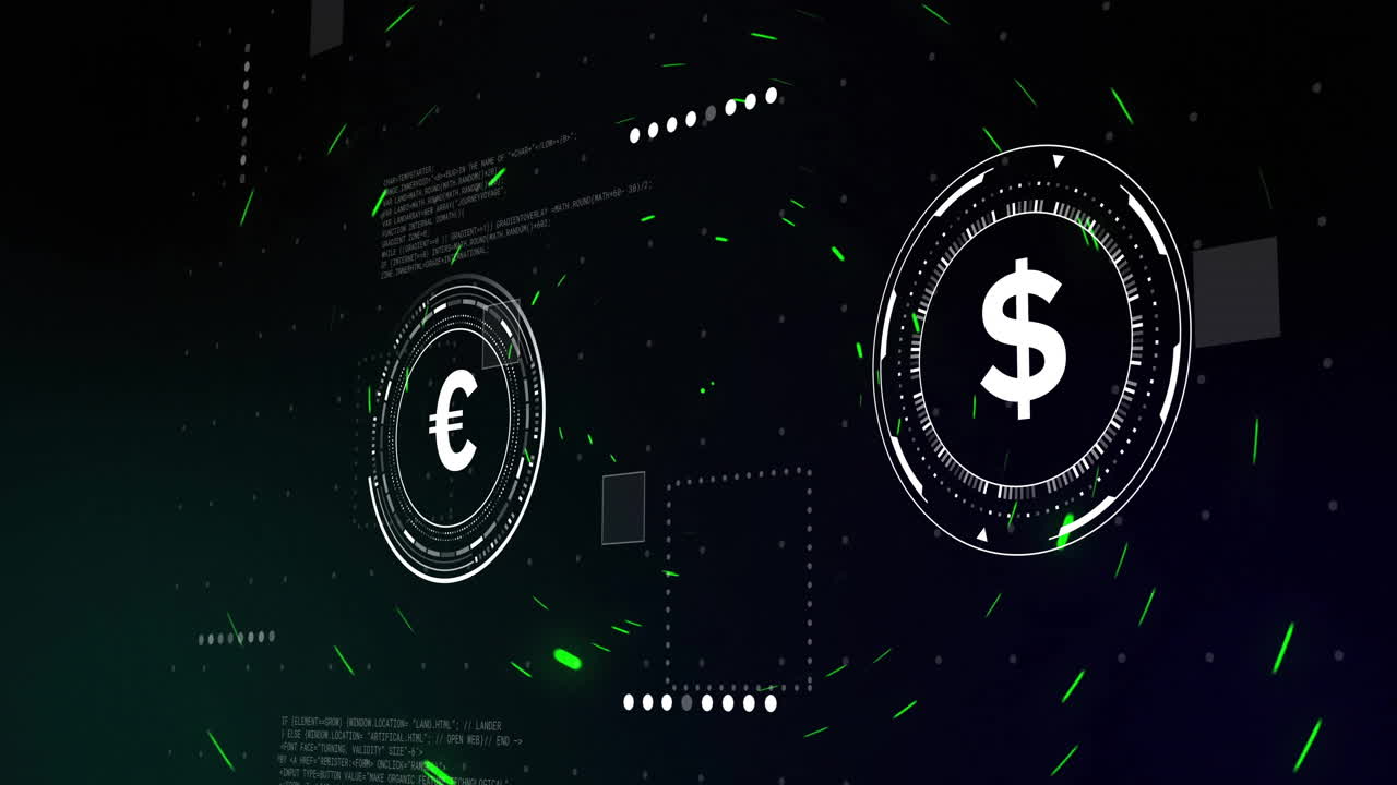 Euro and dollar symbols with exchange arrows over digital financial data animation