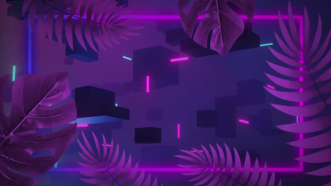 잎과 보라색 배경을 가진 3d 큐브의 애니메이션