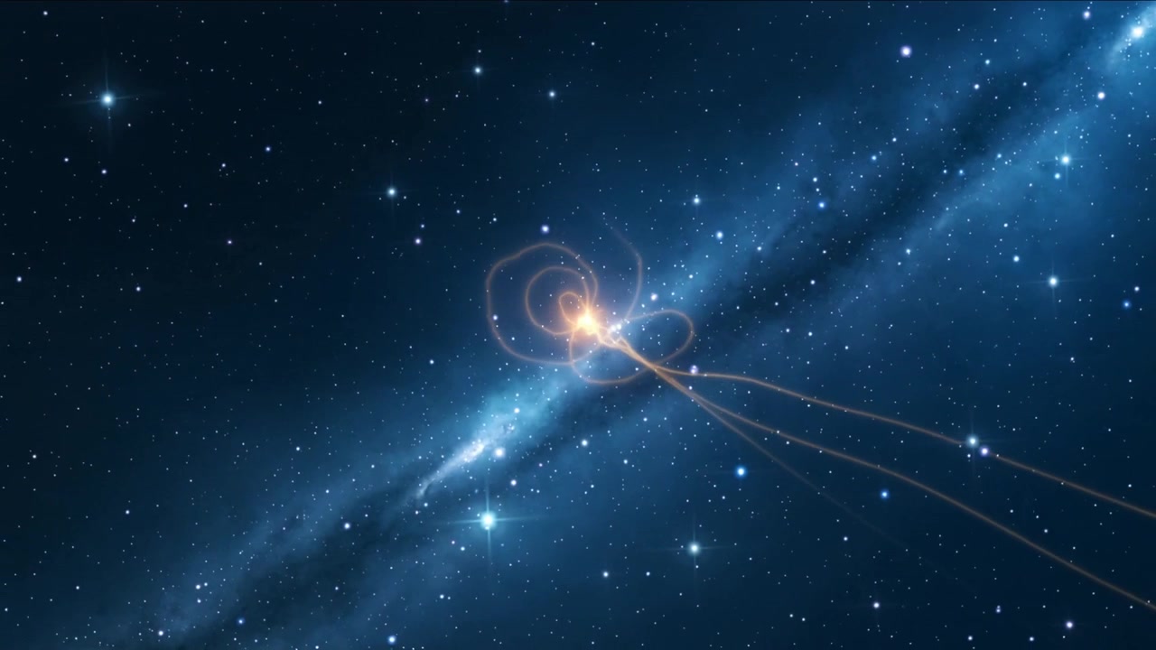Nucleo arancione che si illumina, emettendo spirali e inviando doppie scie attraverso lo spazio profondo, con una fascia bluastra.