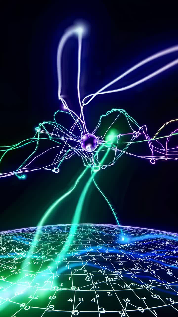 Futuristic digital landscape with glowing lines and numbers, viewed from a low angle