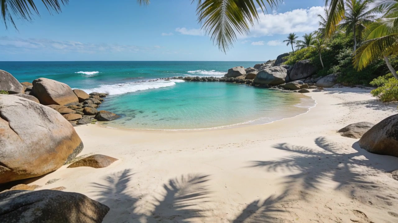 Ondulação forte enviando ondas pela lagoa em forma de crescente e praia em uma enseada tropical, com folhas de palmeira balançando
