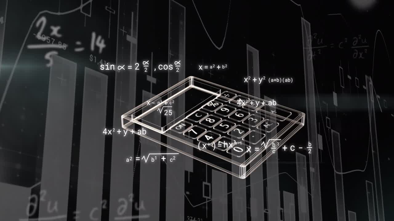 Animation of calculator and financial data processing over black background