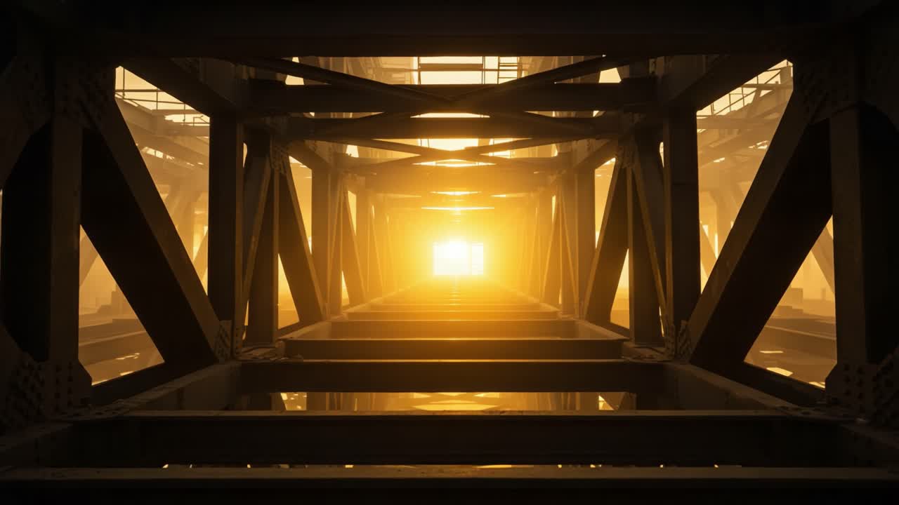 A Striking Perspective of an Industrial Space with Radiant Light at the End, Showcasing the Contrast of Shadows and Warmth Within the Steel Framework