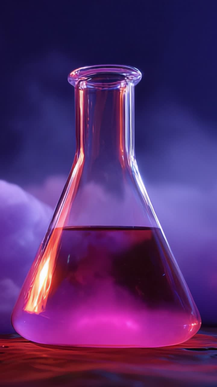 Una fiaschetta illuminata con liquido colorato in un'atmosfera mistica, che mostra la bellezza della scienza e della sperimentazione in condizioni di illuminazione eterea.