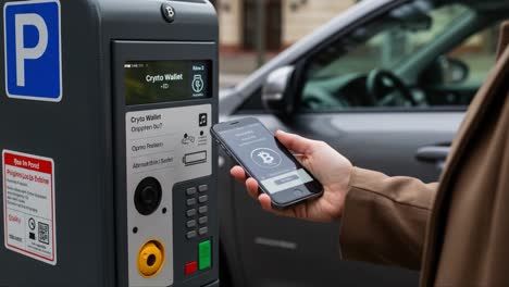 seamless digital payment integration: using a smartphone to interact with a modern crypto wallet parking meter featuring bitcoin transactions