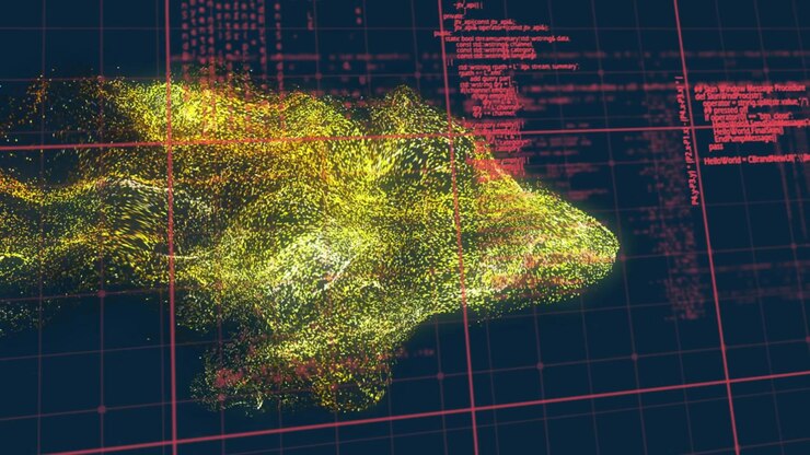 Cloud emerging into wavy stream, code columns cascading and particles dispersing visualizing data