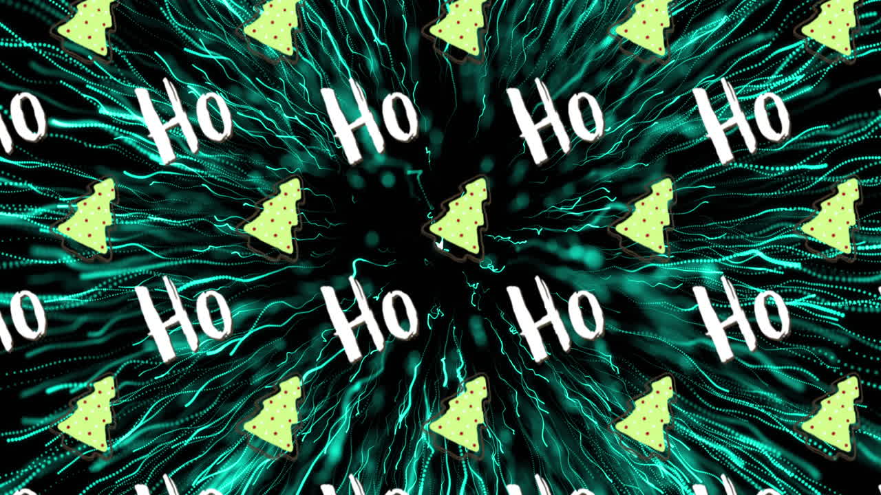 animación de texto ho ho múltiple y árbol de navidad sobre fuegos artificiales sobre fondo negro