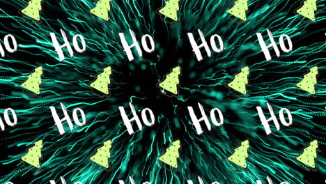 animación de texto ho ho múltiple y árbol de navidad sobre fuegos artificiales sobre fondo negro