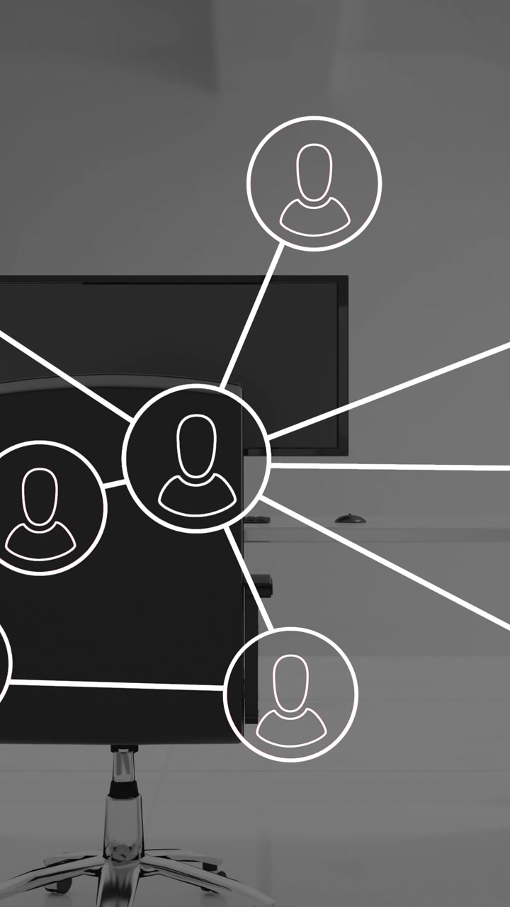 Animazione di rete di connessioni con icone su scrivania d'ufficio con computer