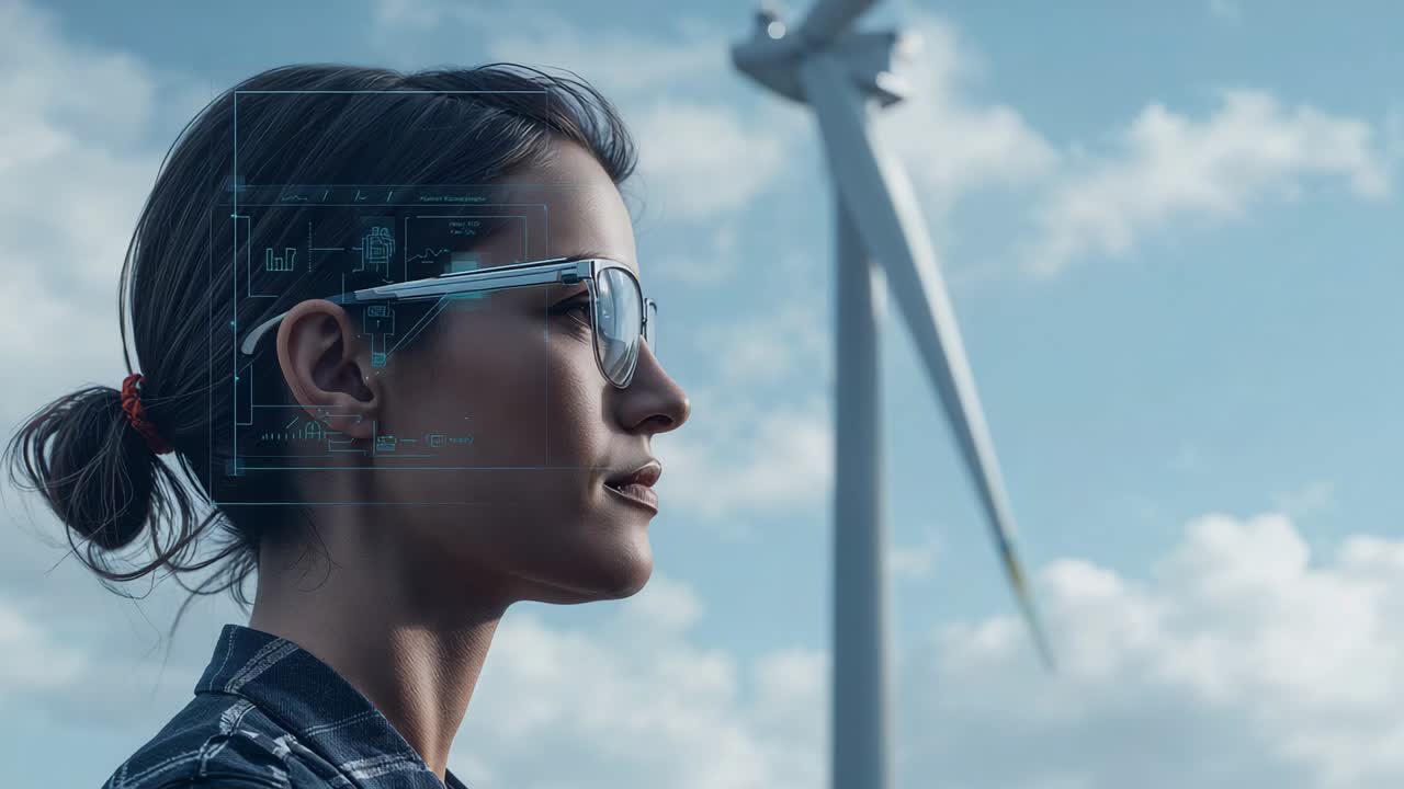 Asian tech in AR glasses checking turbine at windfarm as blades rotating, HUD updating, copy space